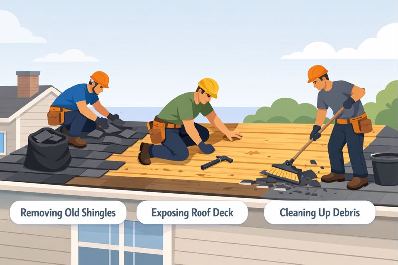 Contractors removing old shingles, exposing the roof deck, and cleaning debris during a roof replacement.