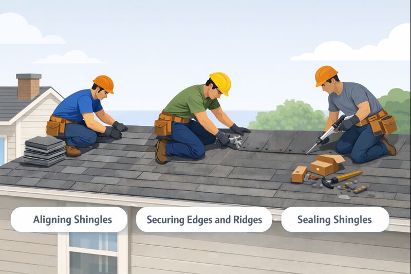 Roofers installing shingles, securing edges, and sealing them during a roof replacement.