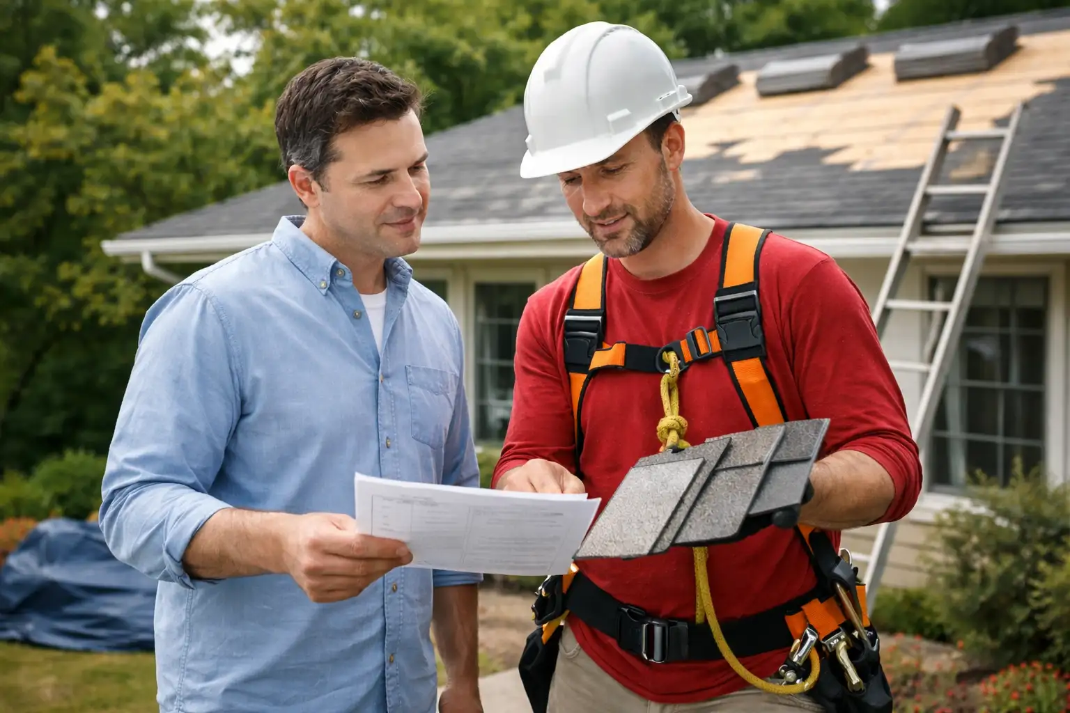 A homeowner and roofer review roofing estimates outside the house with a partially constructed roof in the background.