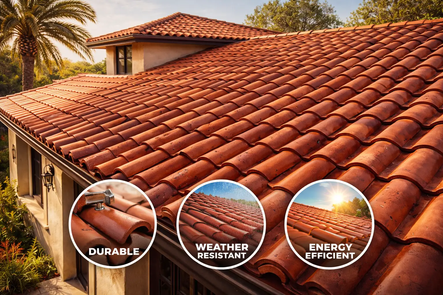 Sunlit terracotta-tiled roof of a Mediterranean-style home showcasing durability, weather resistance, and energy efficiency with three inset icons emphasizing the practical benefits.