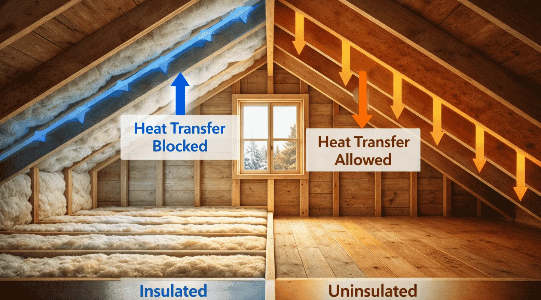 A comparison of an insulated attic (left) blocking heat transfer and an uninsulated attic (right) allowing heat to escape.