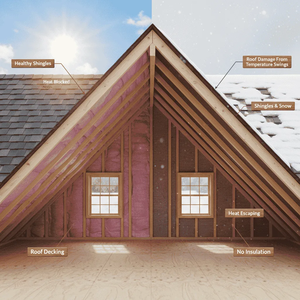 Side-by-side view of an insulated attic vs. an uninsulated attic, showing heat retention and energy loss.