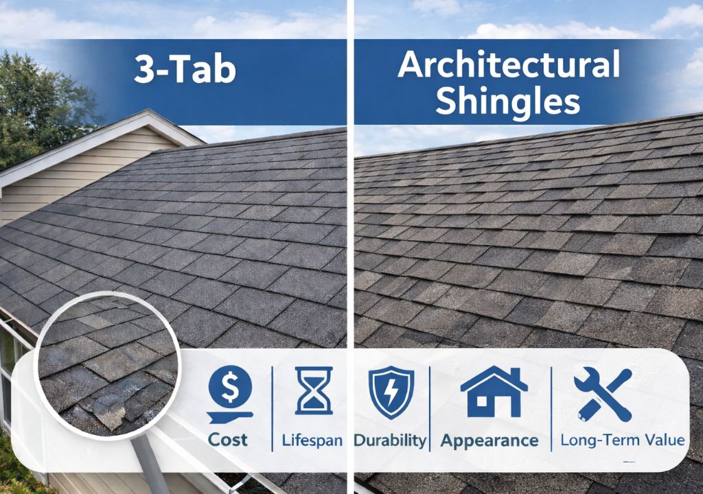 A side-by-side comparison of 3-tab shingles and architectural shingles, highlighting differences in cost, lifespan, durability, appearance, and long-term value.