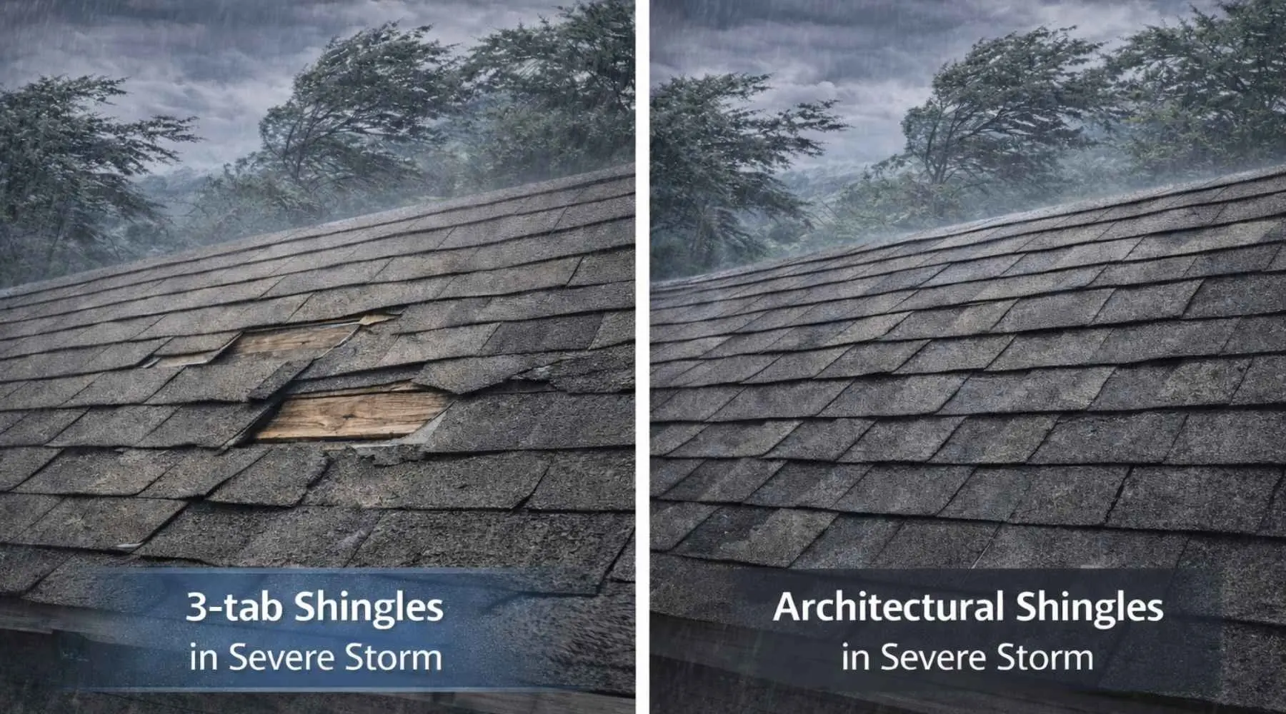 A side-by-side comparison of 3-tab shingles and architectural shingles during a severe storm. On the left, 3-tab shingles show visible damage with gaps and exposed sheathing. On the right, architectural shingles remain intact and undamaged despite the harsh weather conditions, emphasizing their superior durability.