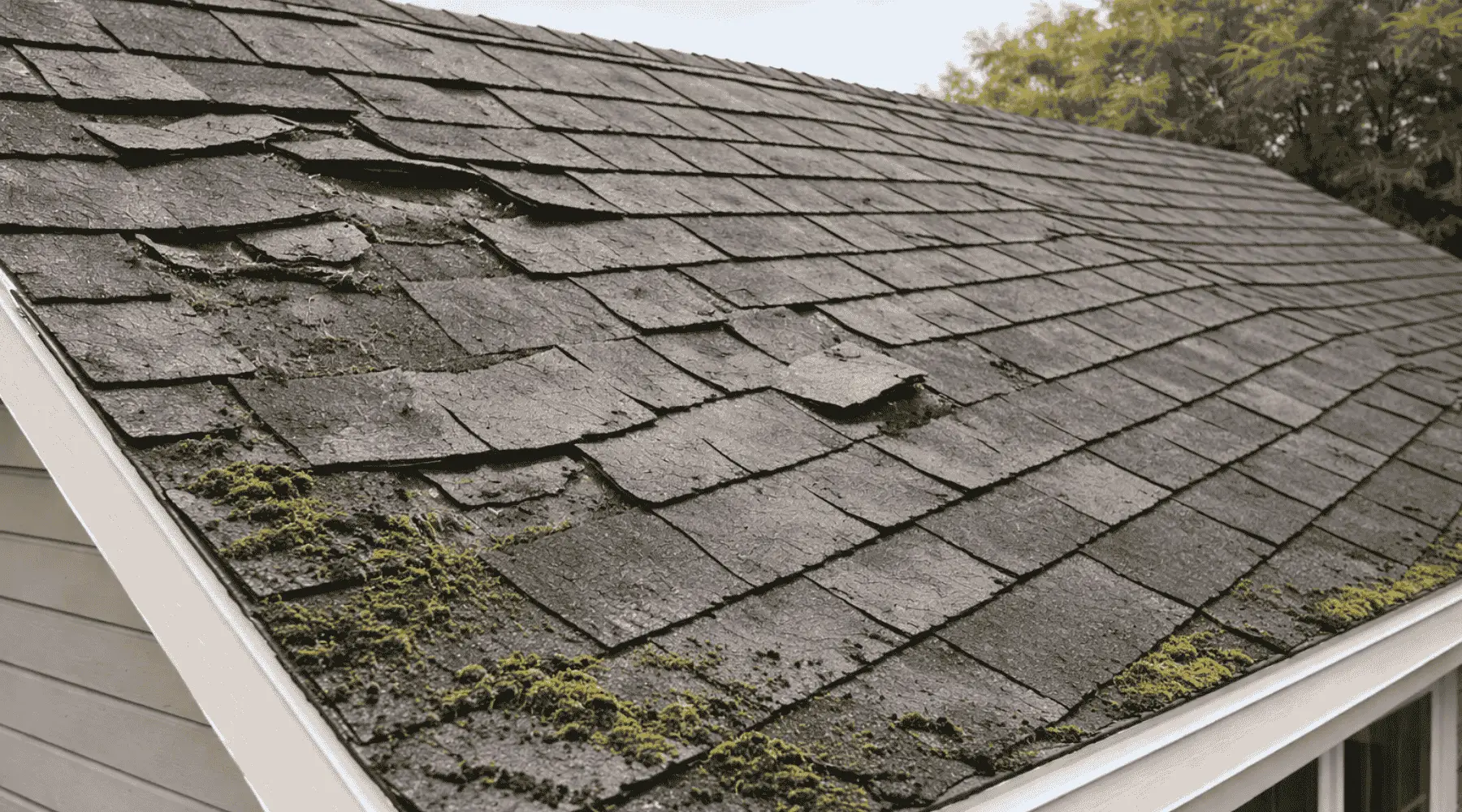 Close-up of an aging asphalt roof with cracked shingles and moss growth.