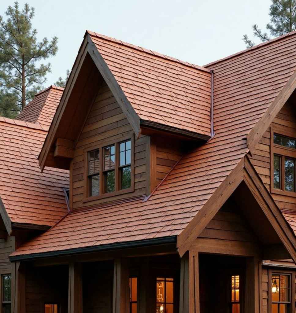 Roofing contractors in Norfolk VA installing copper flashing on shingle roof.