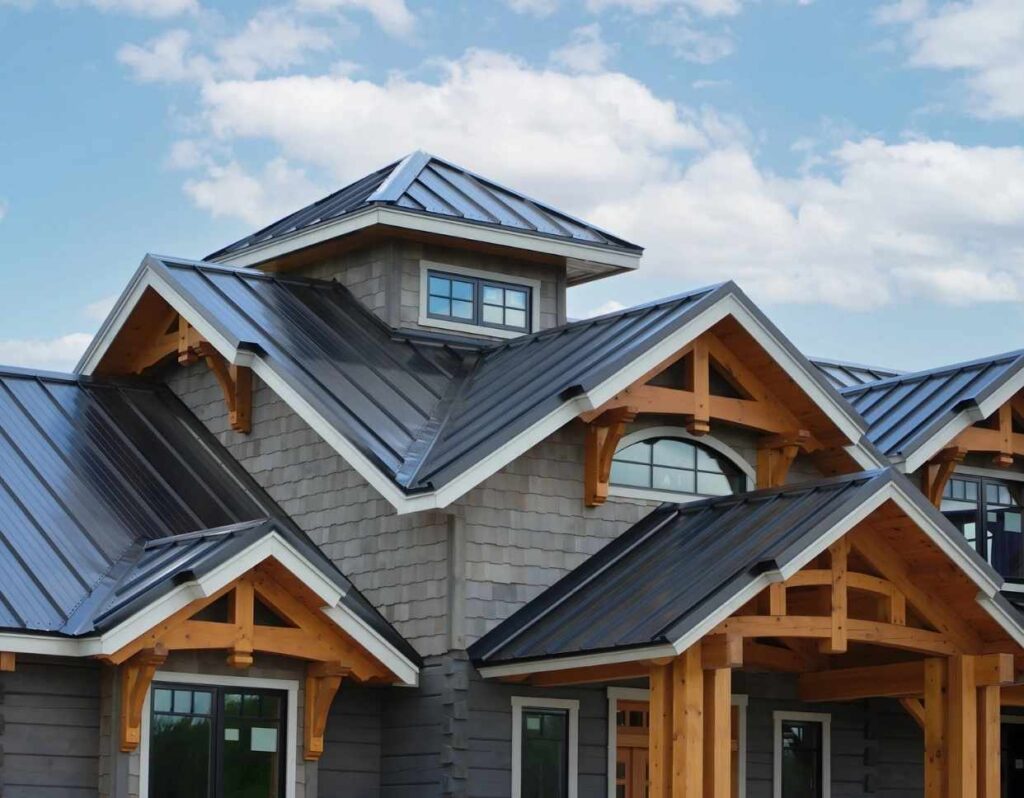 Black standing seam metal roof installed by a Commercial roofing Portsmouth VA on a home with timber brackets.