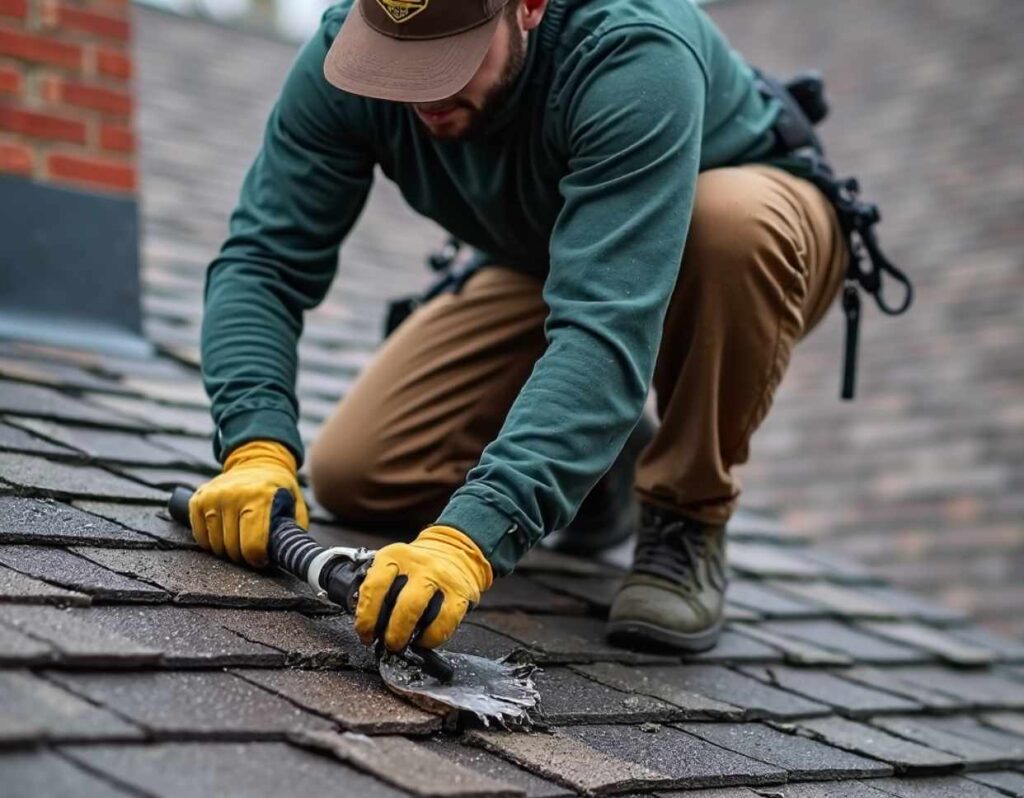 Roofer working on asphalt shingle repair by a skilled Affordable roofing services Portsmouth VA technician.