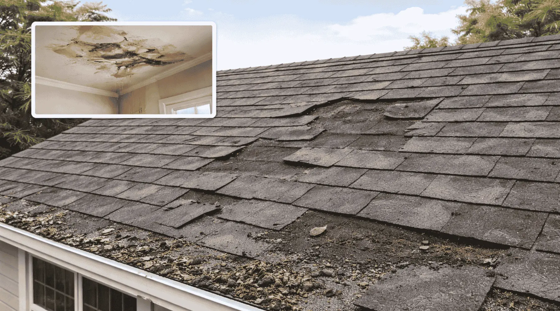 A close-up of a damaged asphalt shingle roof with cracked and missing shingles, showing water stains on the interior ceiling as a sign of leakage.