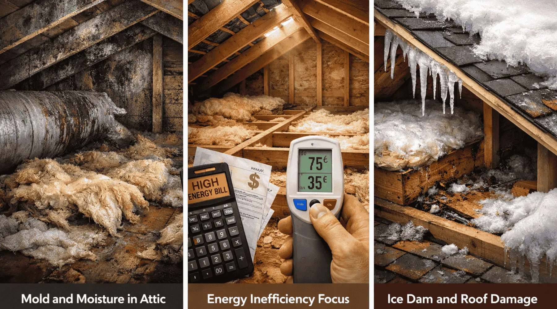A triptych showing attic problems: mold damage, energy inefficiency, and ice dam formation.