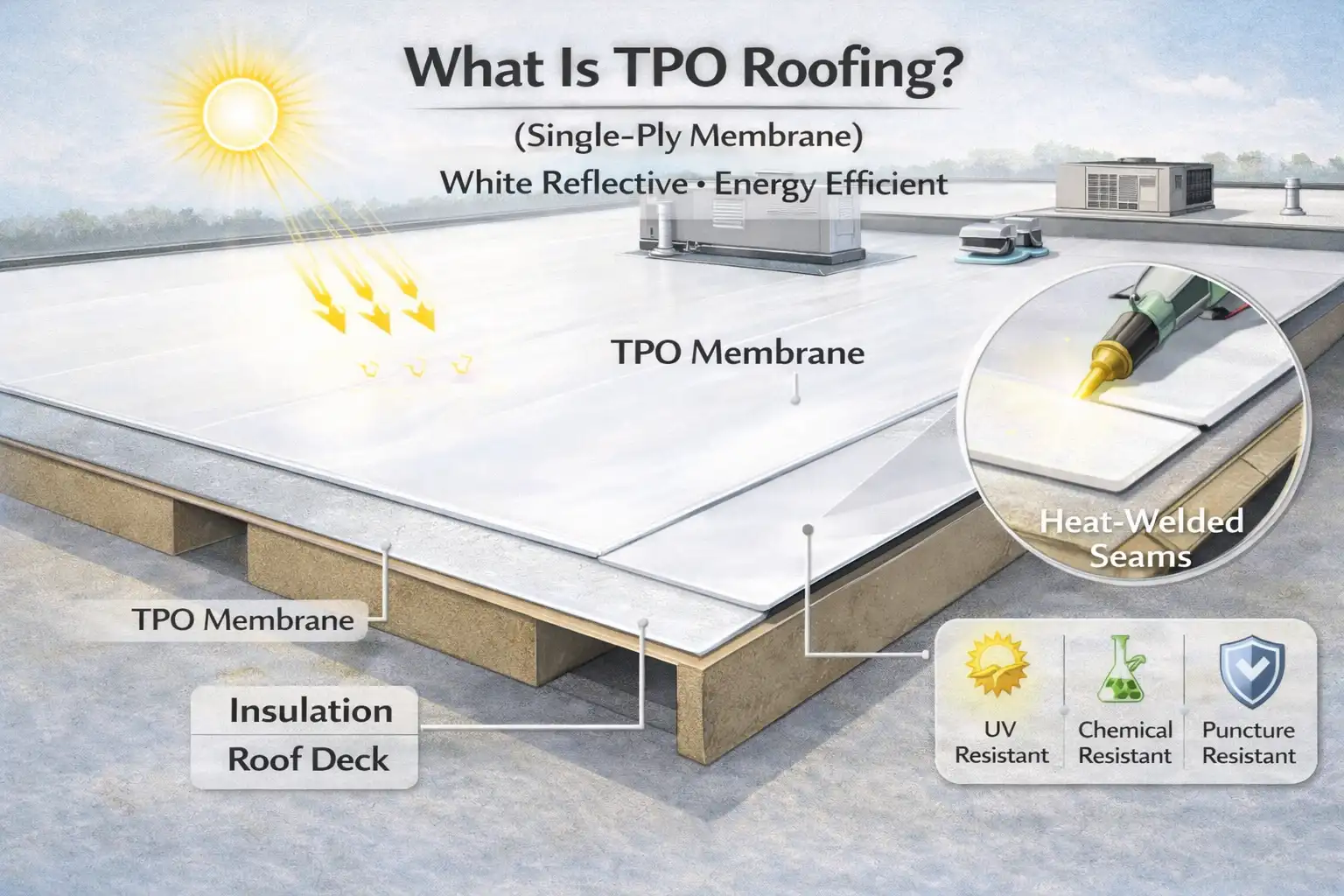 Cutaway illustration of TPO roofing showing a white single-ply membrane with heat-welded seams used on commercial flat roofs.