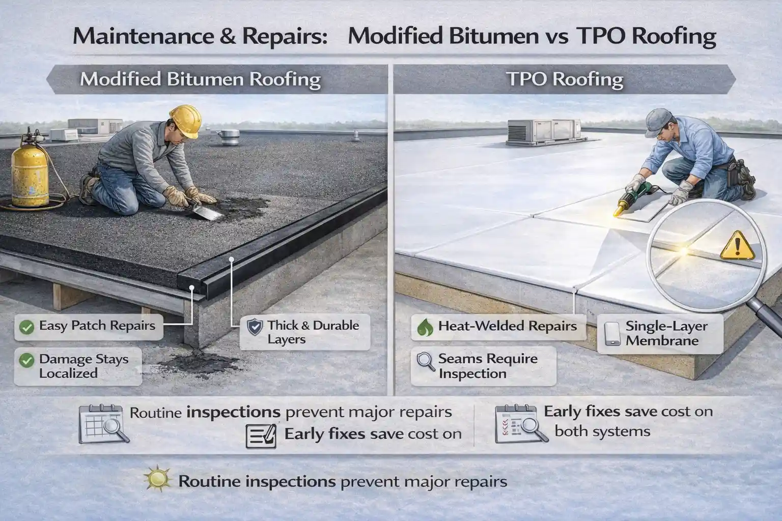 Side-by-side illustration comparing maintenance and repair methods for modified bitumen roofing and TPO roofing, showing patch repairs versus heat-welded seam repairs.