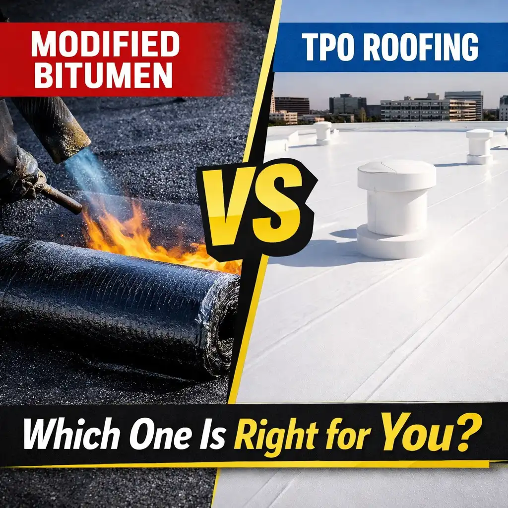 ide-by-side comparison of modified bitumen roofing and TPO roofing systems on flat commercial roofs