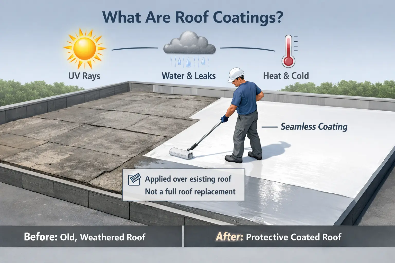Roof coating applied over an existing flat roof to protect it from sunlight, moisture, and temperature damage.