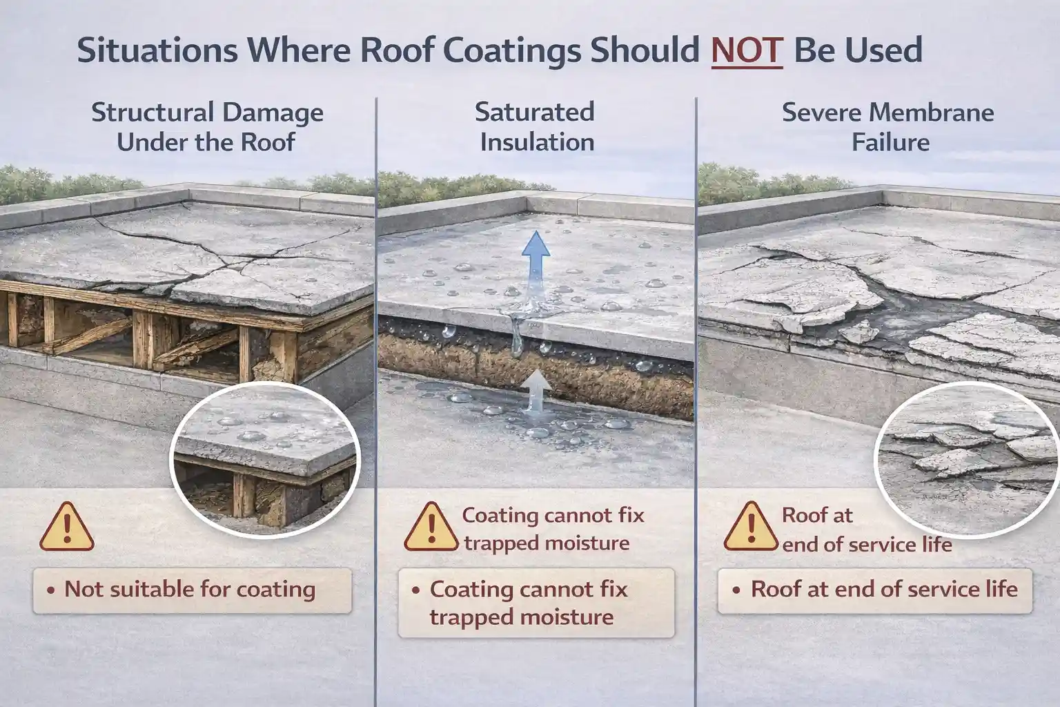 Flat roof diagram showing structural damage, saturated insulation, and severe membrane splits where roof coatings are not recommended.