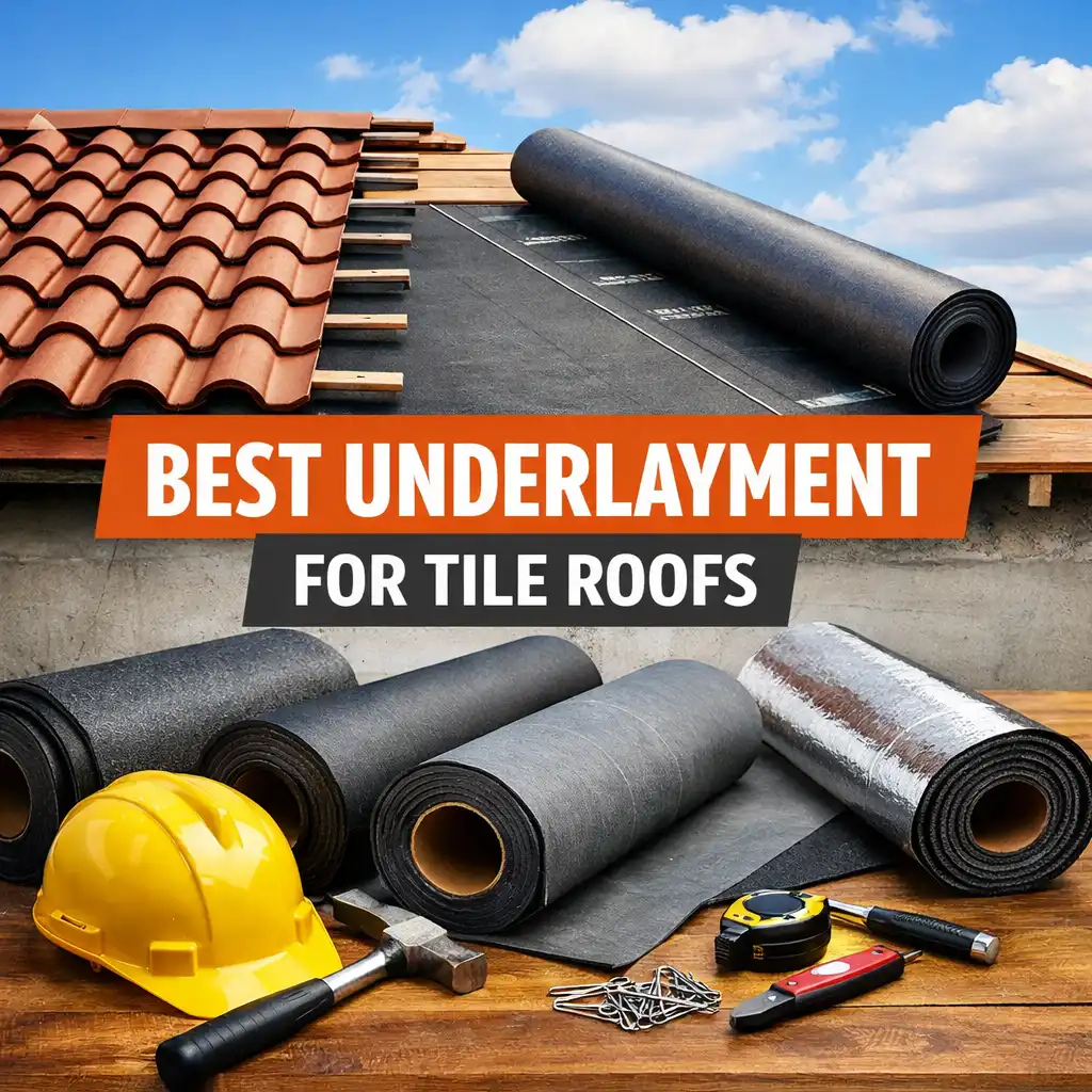 Best underlayment for tile roofs showing different roofing materials and tools, including synthetic underlayment, tiles, hammer, and measuring tape.