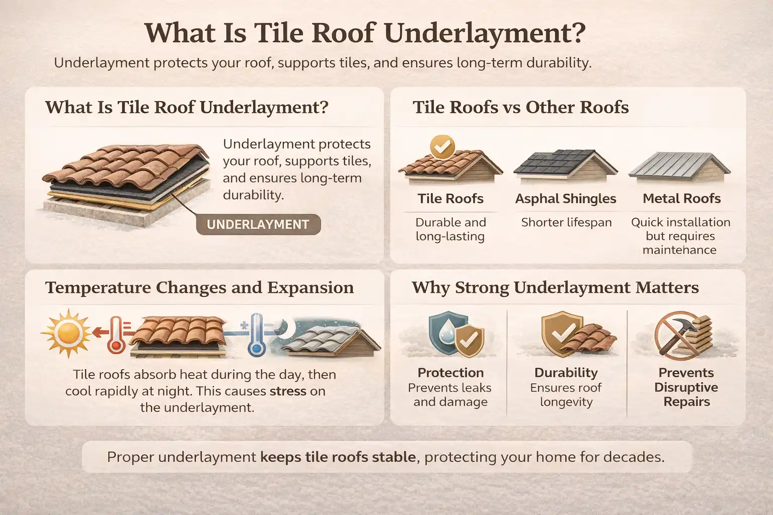 Common Types of Underlayment Used Under Tile Roofs Asphalt-Saturated  This underlay has been in use for a long time. It has minimal resistance against water and limited protection. However, it dries out, gets wrinkles, and decays more rapidly when subjected to prolonged heat. It has a short life. Synthetic Underlayment Artificial underlayments are lighter, made of nylon, and more resistant to tearing and temperature changes. They are more resistant to UV exposure during installation and less susceptible to moisture absorption. When it comes to tile roofs, synthetics are commonly selected because they last longer than felt, particularly in hot or changing climates. Self-Adhered Underlayment Self-adhered underlayments are adhered to the roof deck to form a continuous, sealed layer. They perform well in areas with leaks around fasteners, penetrations, and complex roof lines. This sealing can be useful, as tile roofs often have several penetrations. When water accumulates on the bottom, issues arise over time.