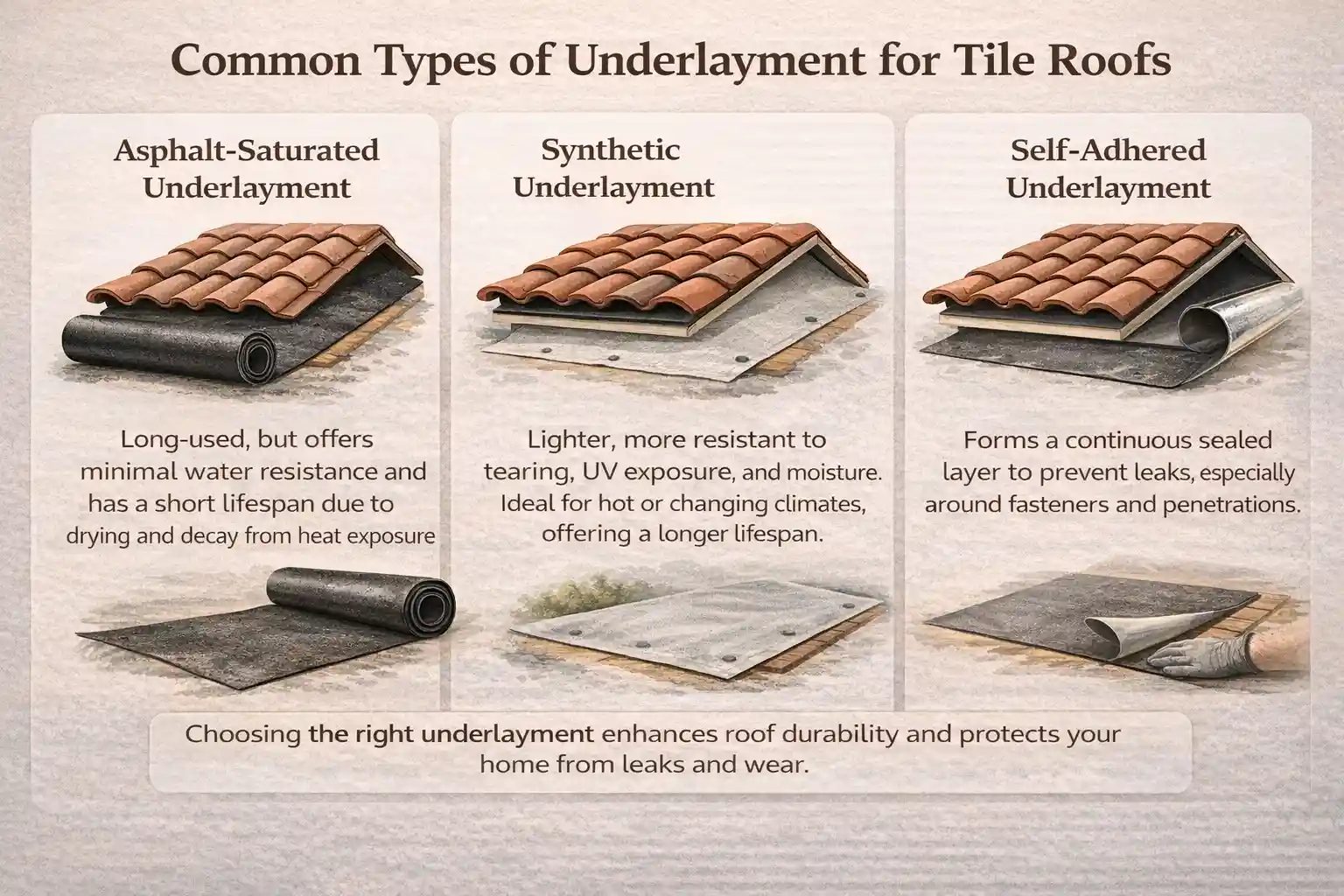 Infographic explaining the common types of underlayment used under tile roofs, including asphalt-saturated, synthetic, and self-adhered options.