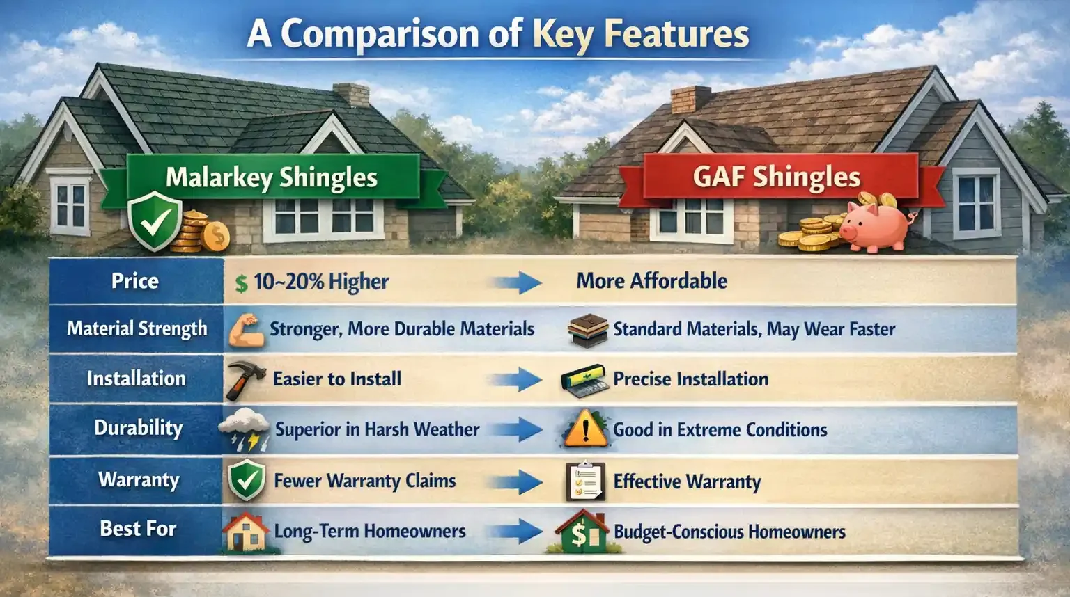 Infographic comparing Malarkey shingles vs GAF shingles, highlighting price, material strength, installation ease, durability, warranty, and best use for homeowners.