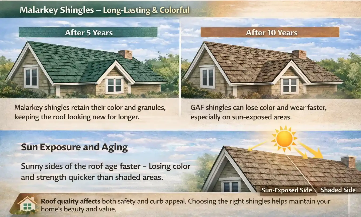 Infographic comparing the aging process of Malarkey and GAF shingles, showing how they retain color, resist wear, and age over time, especially under sun exposure.