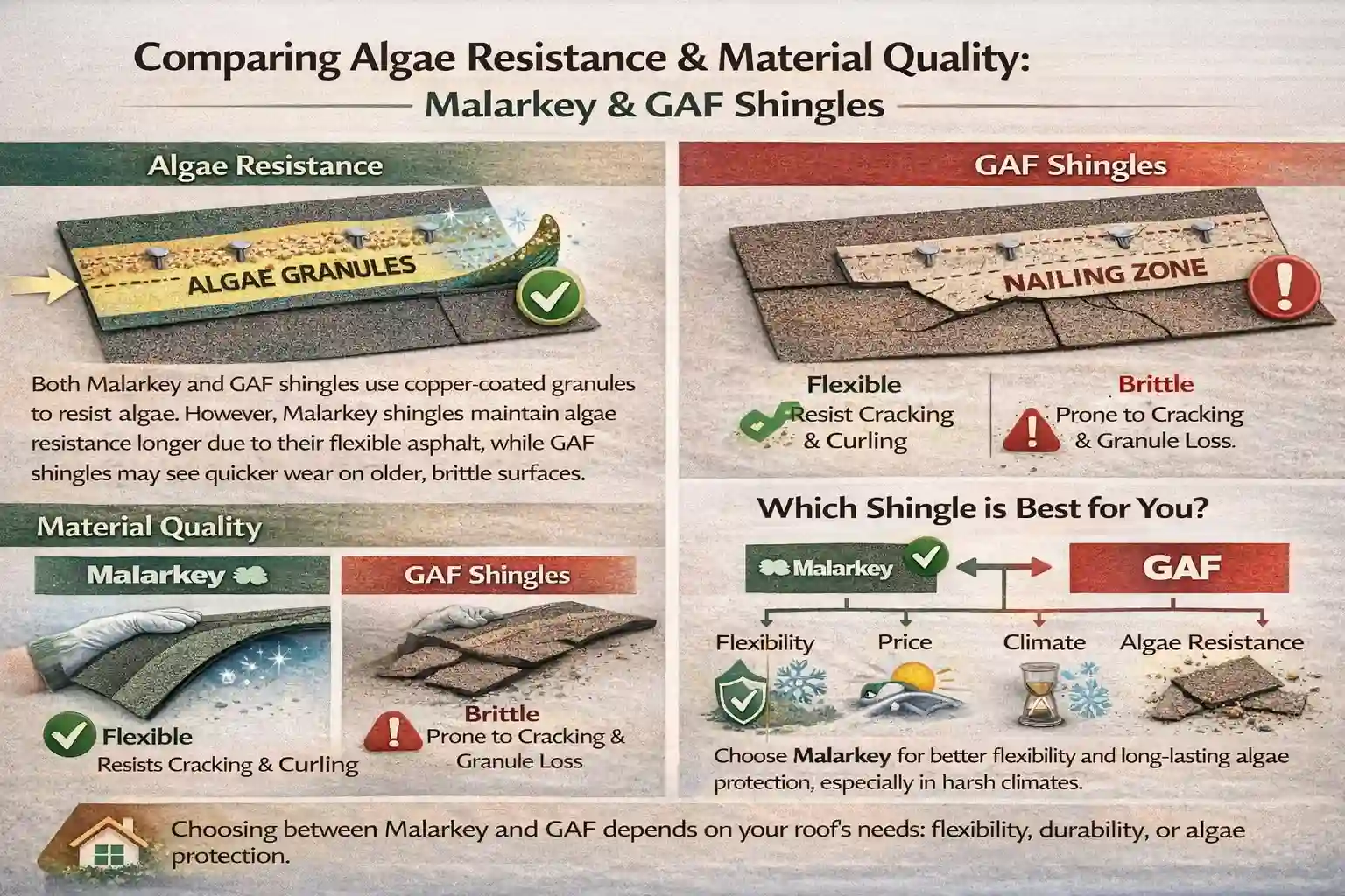 Infographic comparing the algae resistance and material quality of Malarkey and GAF shingles, highlighting differences in flexibility, durability, and lifespan.
