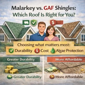 Square infographic comparing Malarkey vs GAF shingles, showing differences in durability, cost, and algae protection to help homeowners choose the right roof.