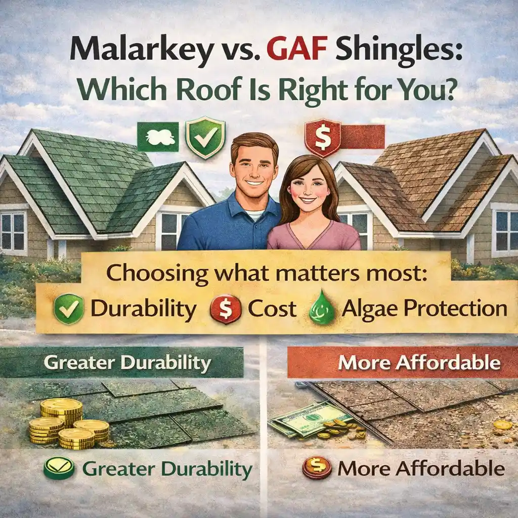 Square infographic comparing Malarkey vs GAF shingles, showing differences in durability, cost, and algae protection to help homeowners choose the right roof.