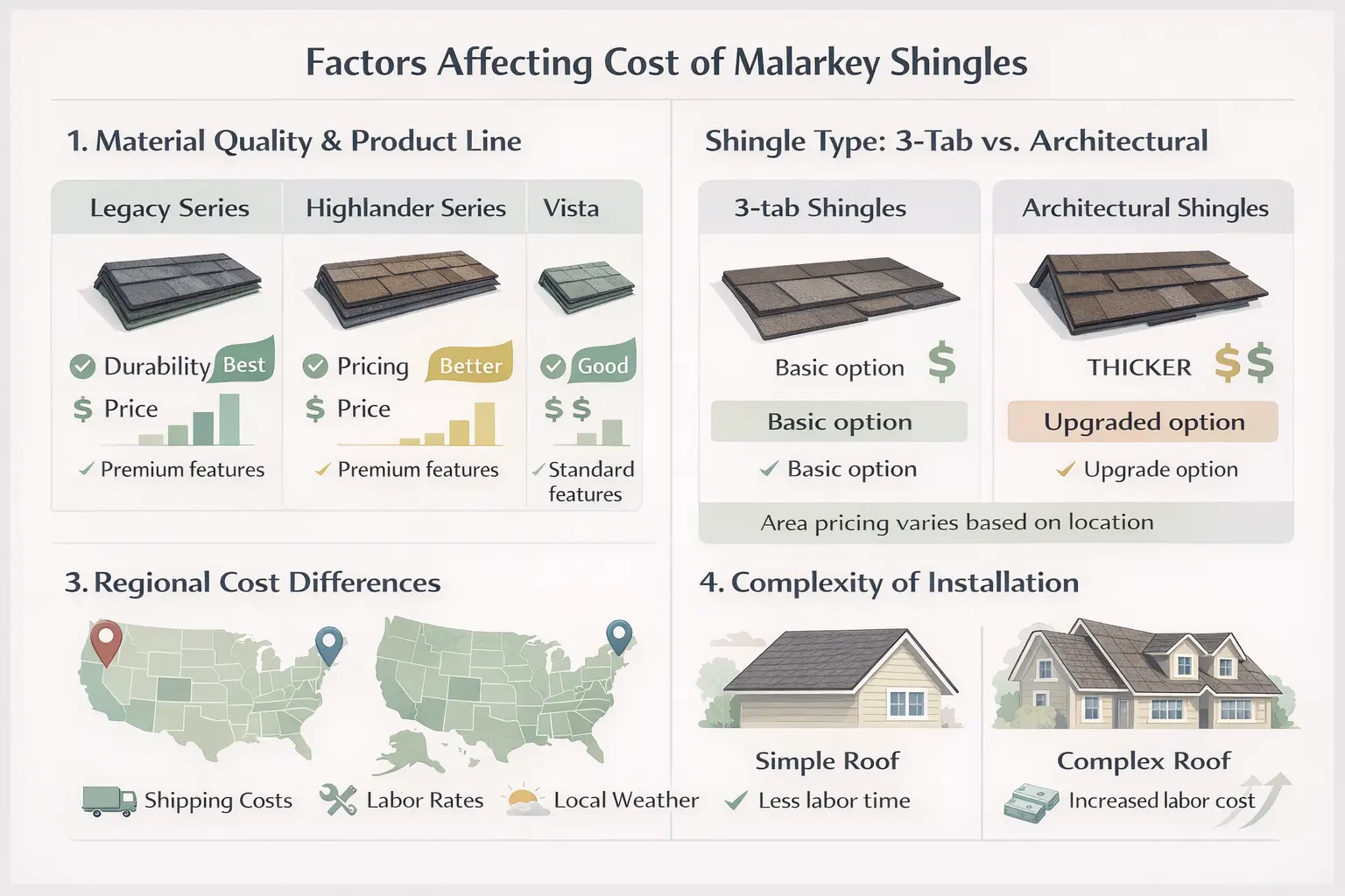 Infographic showing factors that affect the cost of Malarkey shingles, including material quality, shingle type, regional differences, and installation complexity.