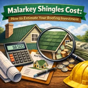 Malarkey shingles cost estimation with a calculator, roof estimate, magnifying glass, and house model showing green shingles, highlighting roofing investment details and pricing.