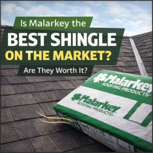 Malarkey roofing shingles installed on residential roof with product packaging showing comparison and value review