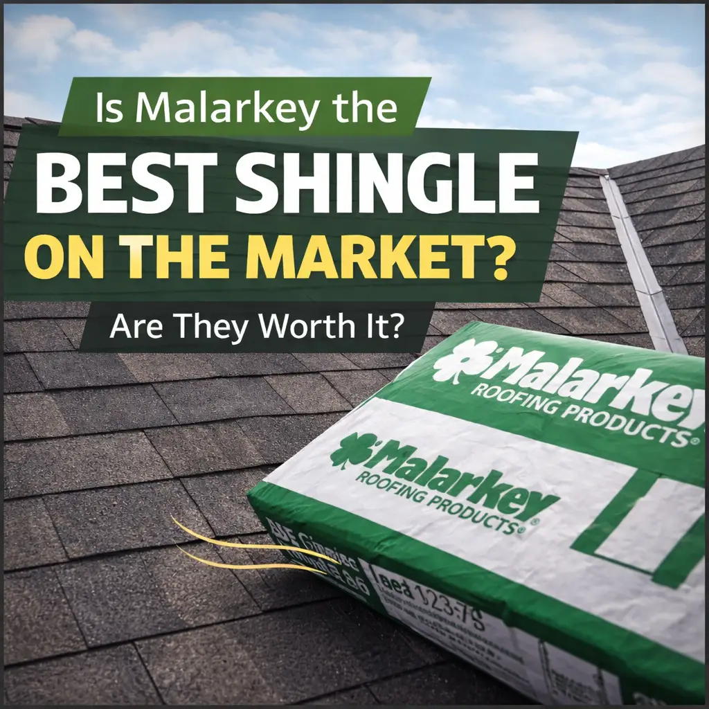 Malarkey roofing shingles installed on residential roof with product packaging showing comparison and value review