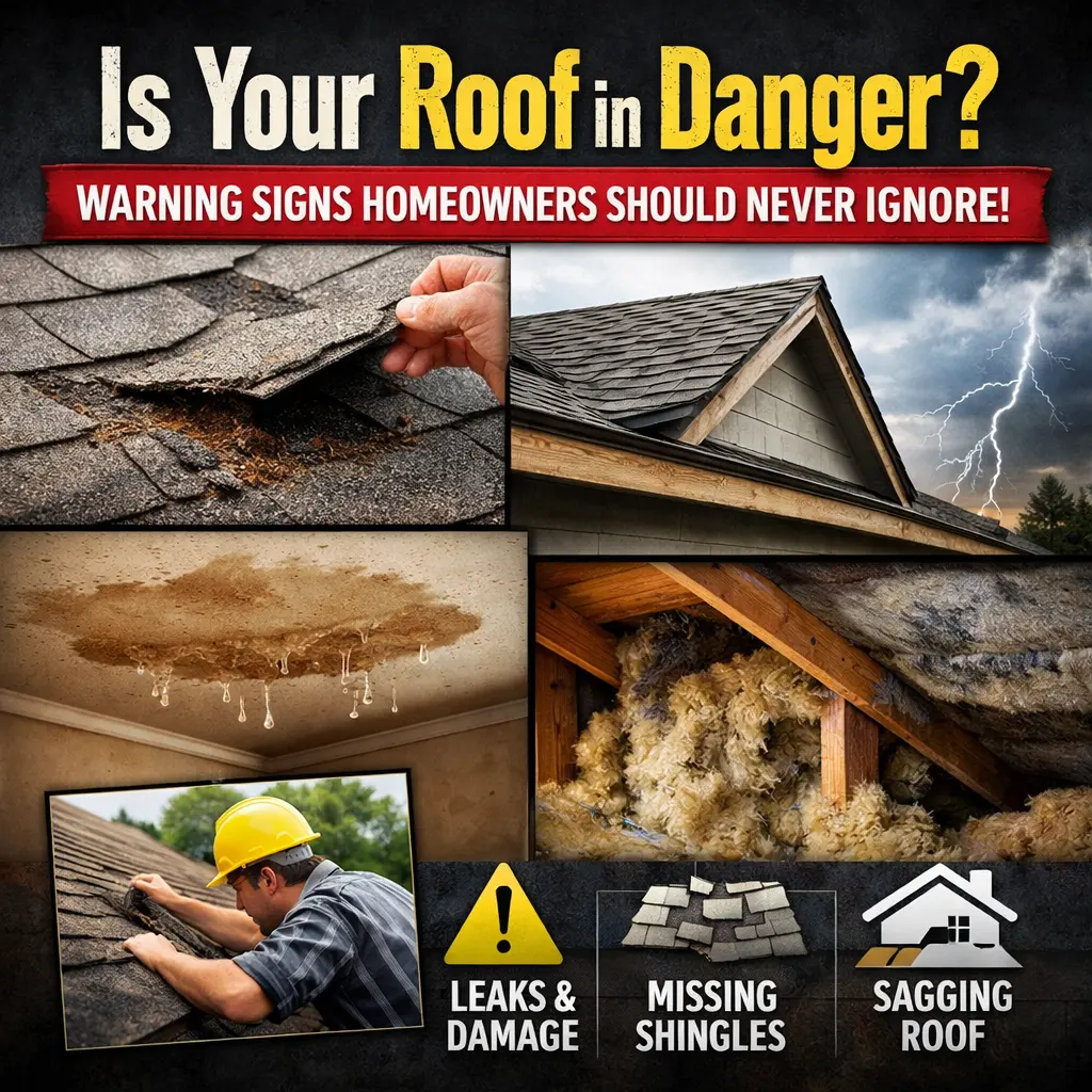 Damaged residential roof showing missing shingles, water leaks, sagging roof structure, and moisture damage—common warning signs homeowners should never ignore