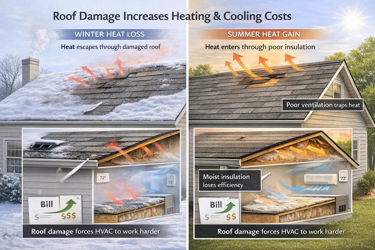 Roof damage causing heat loss in winter, heat gain in summer, and higher energy bills due to poor insulation and ventilation.