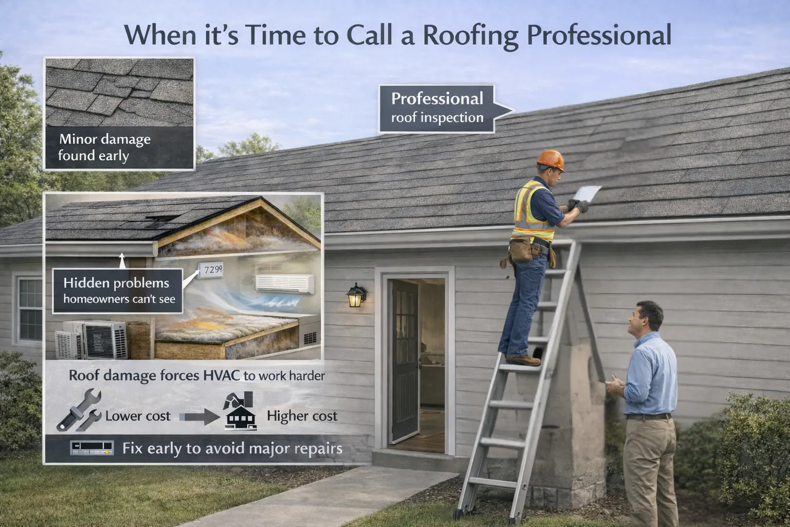 Roofing professional inspecting a home roof to identify hidden damage and prevent costly repairs.