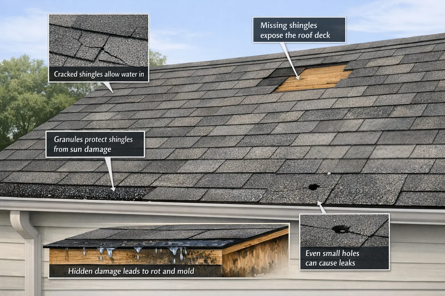 Signs of damaged roof shingles including cracks, missing shingles, granules in gutters, and small holes causing leaks.