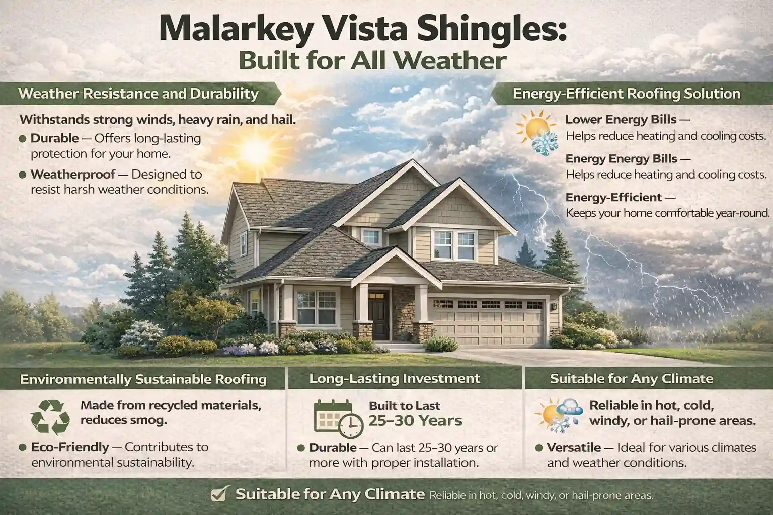 Infographic showcasing the benefits of Malarkey Vista Shingles, including weather resistance, energy efficiency, environmental sustainability, and long-lasting performance, making them suitable for various climates and weather conditions.