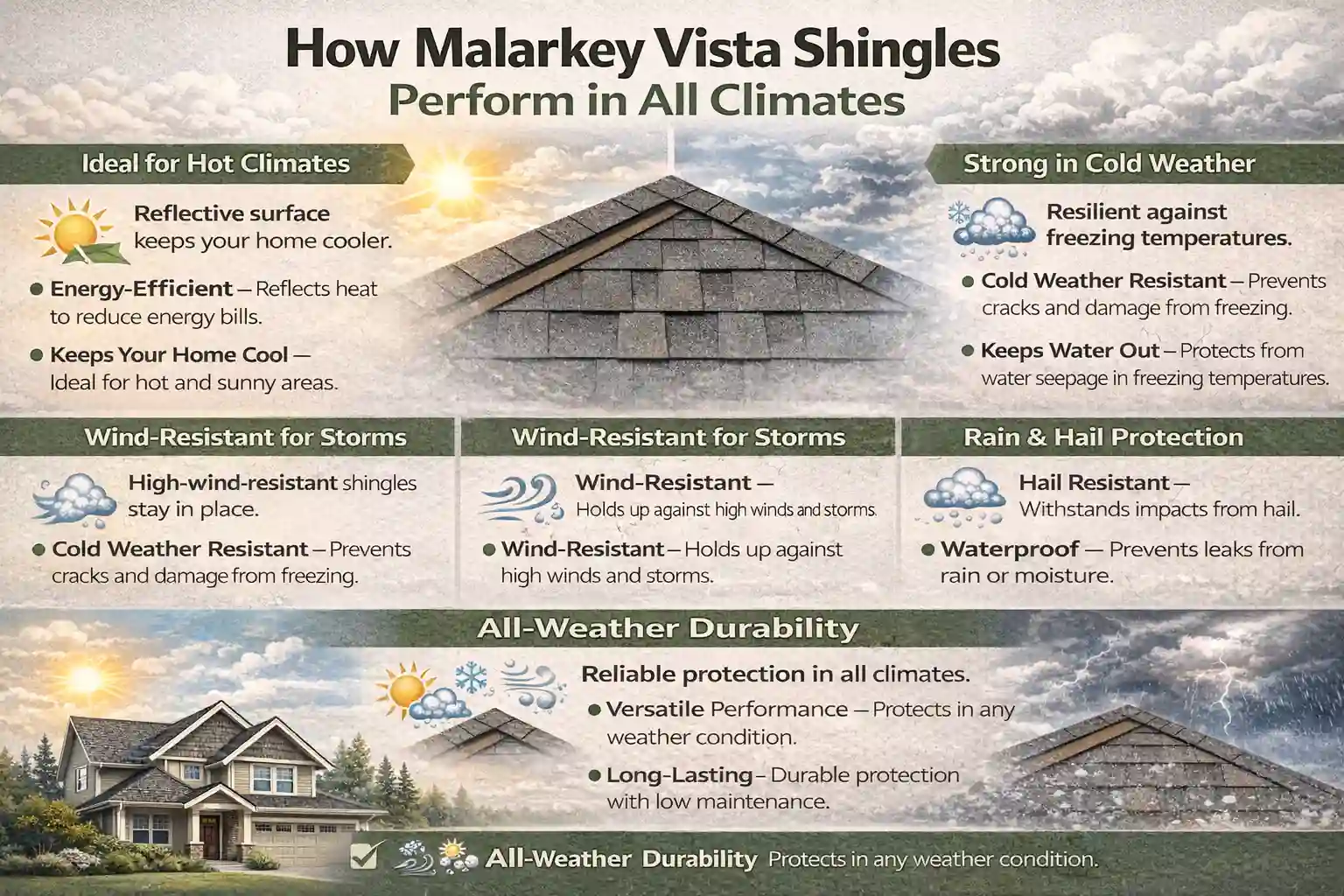 Infographic explaining how Malarkey Vista Shingles perform in different climates, highlighting their energy efficiency, durability, and resistance to heat, cold, wind, and hail.