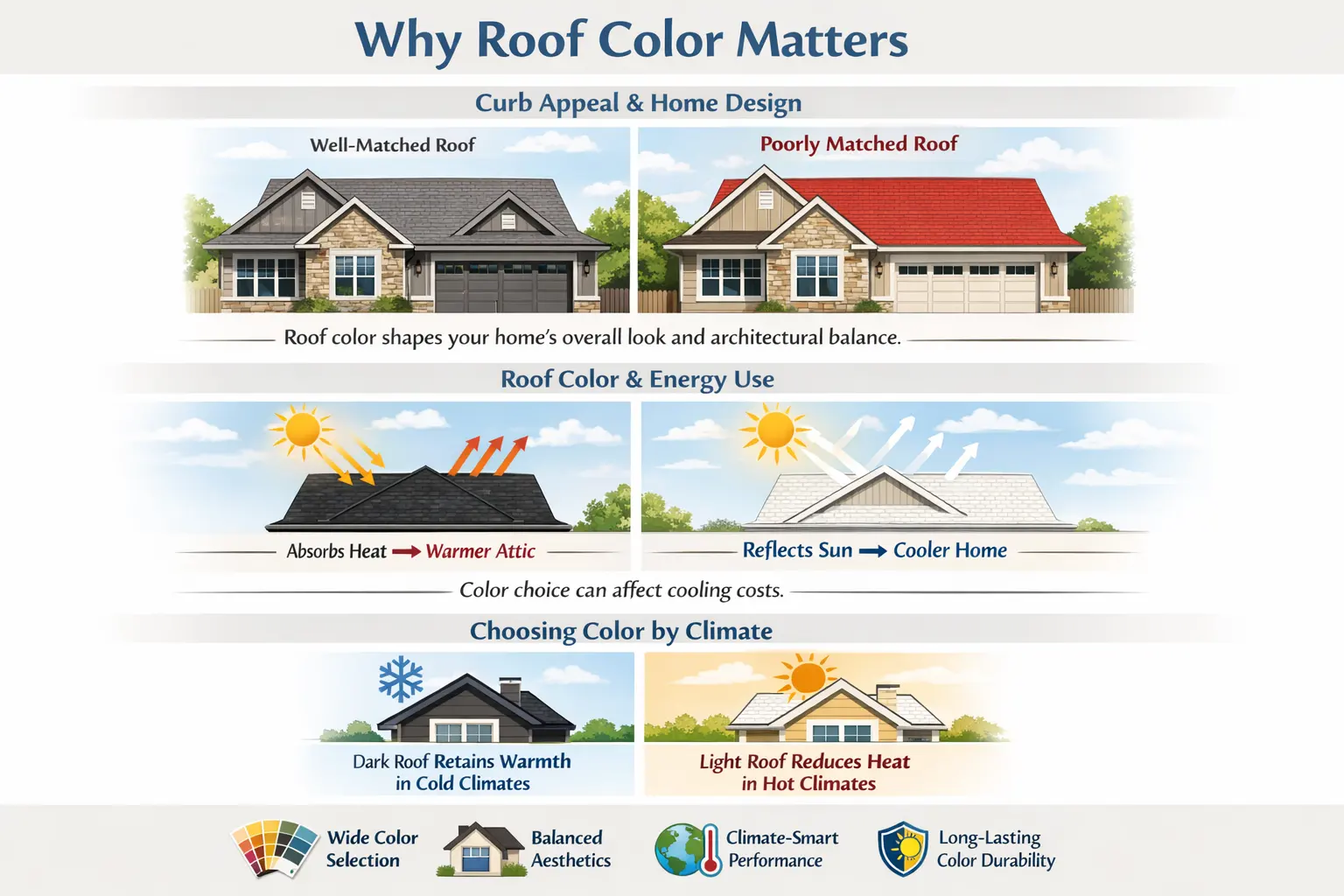 Infographic explaining how Malarkey roof shingle colors affect home appearance, energy efficiency, and climate performance.
