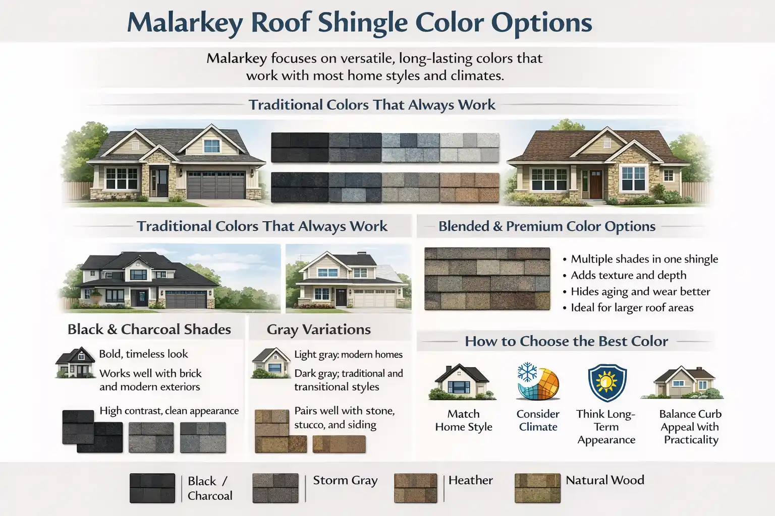 Infographic showing Malarkey roof shingle color options, including black, gray, brown, and blended colors for different home styles and environments.