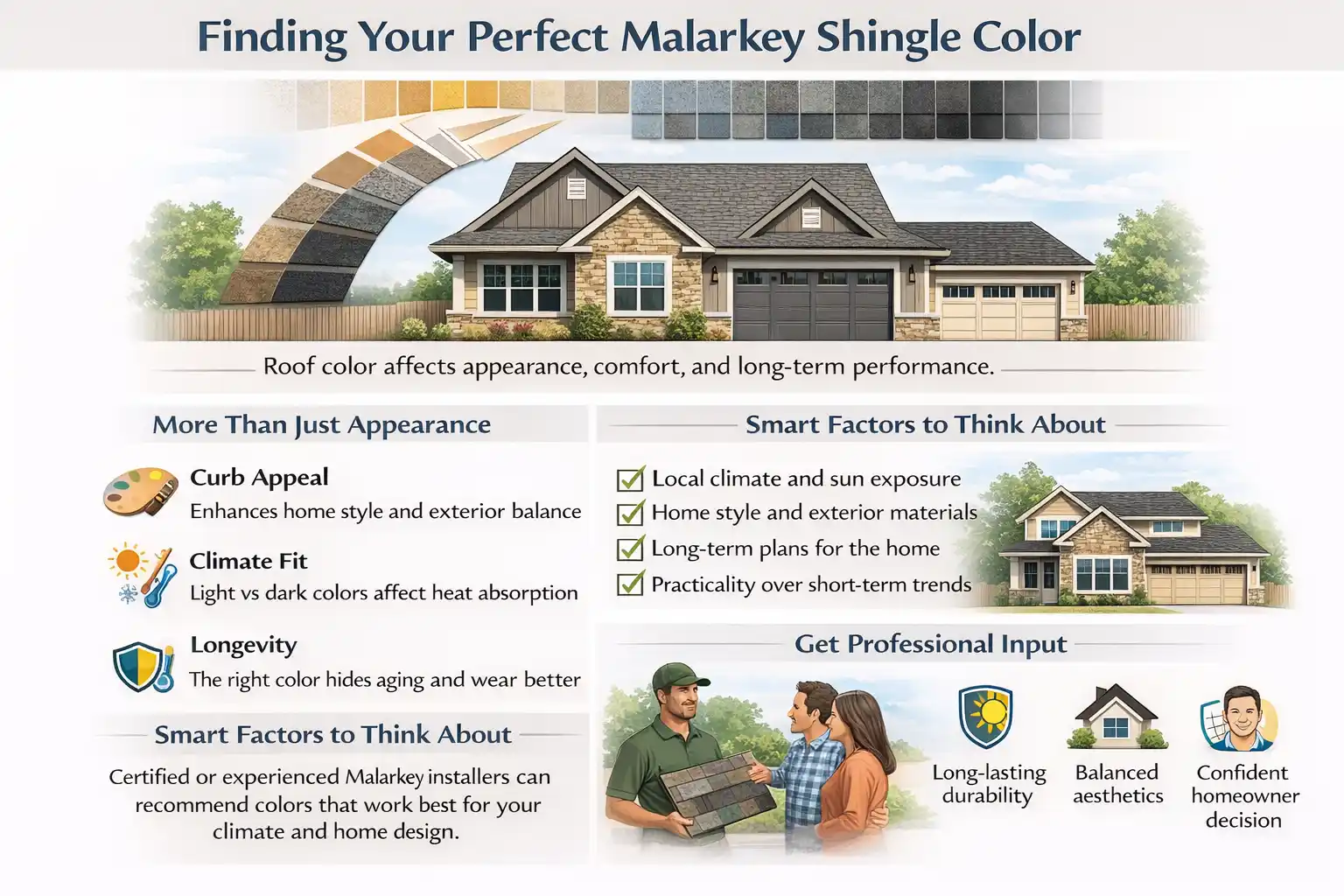 Infographic showing how to choose the best Malarkey roof shingle color based on home style, climate, durability, and curb appeal.