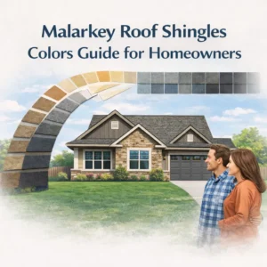 Illustration showing a home with Malarkey roof shingles and multiple shingle color options to help homeowners choose the right roof color for curb appeal and long-term durability