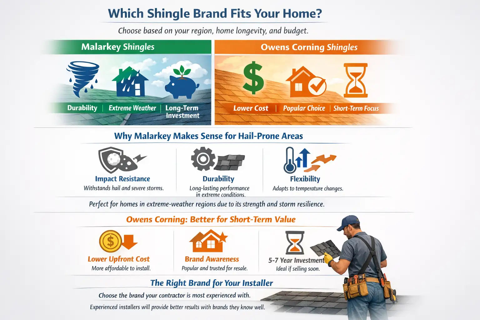 Infographic comparing Malarkey and Owens Corning shingles, highlighting key factors such as impact resistance, cost, and contractor familiarity to help homeowners choose the right brand.