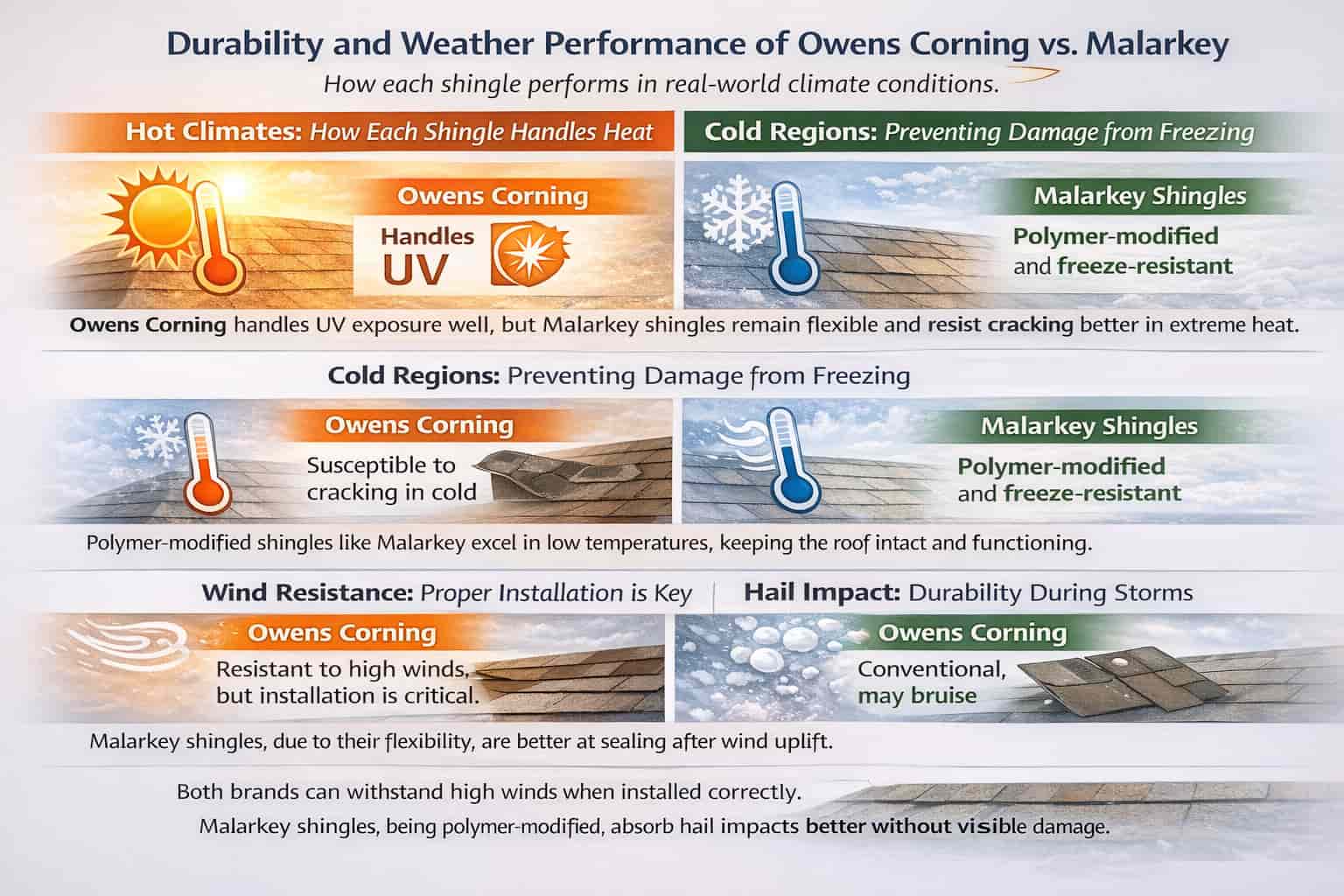 IMAGE GENERATION PROMPT Prompt: Create a comparative infographic-style image that focuses on the durability and weather performance of Owens Corning shingles and Malarkey shingles in real-world climate conditions. The image should emphasize how each performs in hot, cold, and stormy conditions such as hail, wind, and UV exposure. The comparison should highlight the flexibility, impact resistance, wind resistance, and UV protection of each brand, providing a clear visual representation of which brand is best suited for different weather conditions. SECTION 1 – Hot Climate Performance Header: “Hot Climates: How Each Shingle Handles Heat” Visual: Sun icon with temperature gauge showing heat exposure. Text: “In hot climates, asphalt shingles fade faster due to UV exposure.” Text: “Owens Corning handles UV exposure well, but Malarkey shingles remain flexible and resist cracking better in extreme heat.” SECTION 2 – Cold Climate Performance Header: “Cold Regions: Preventing Damage from Freezing” Visual: Snowflake icon with a cold temperature gauge. Text: “Malarkey shingles are resistant to freezing and won’t crack in cold climates.” Text: “Polymer-modified shingles like Malarkey excel in low temperatures, keeping the roof intact and functioning.” SECTION 3 – Wind Performance Header: “Wind Resistance: Proper Installation is Key” Visual: Wind icon showing gusts. Text: “Both brands can withstand high winds when installed correctly.” Text: “Malarkey shingles, due to their flexibility, are better at sealing after wind uplift.” SECTION 4 – Hail Resistance Header: “Hail Impact: Durability During Storms” Visual: Hail icon with shattered shingles. Text: “Conventional shingles may bruise or lose granules after hailstorms.” Text: “Malarkey shingles, being polymer-modified, absorb hail impacts better without visible damage.” Design Rules Use clear, readable fonts and bold icons. Color-coded comparisons: Owens Corning (Orange) and Malarkey (Green). Simple, clean design to highlight performance under weather conditions. No logos, no watermarks, no text overlays. Style: Educational, performance comparison infographic Aspect Ratio: 16:9 Purpose: Educate homeowners on which roofing brand is most durable for their climate