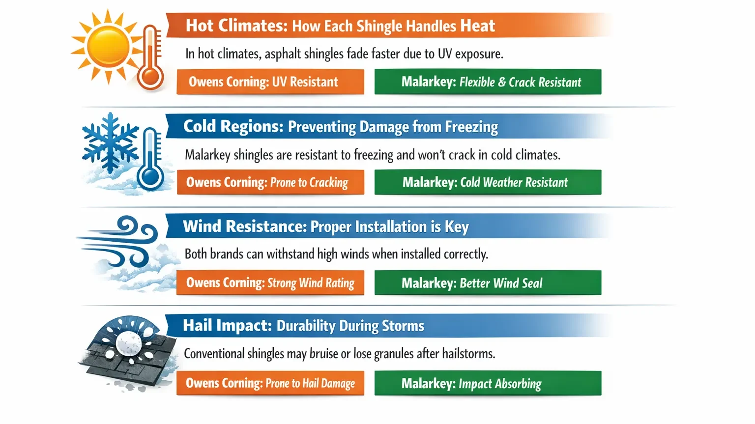 Infographic comparing the durability and weather performance of Owens Corning vs Malarkey shingles in hot, cold, and stormy climates, emphasizing heat resistance, flexibility, wind performance, and hail impact resistance.