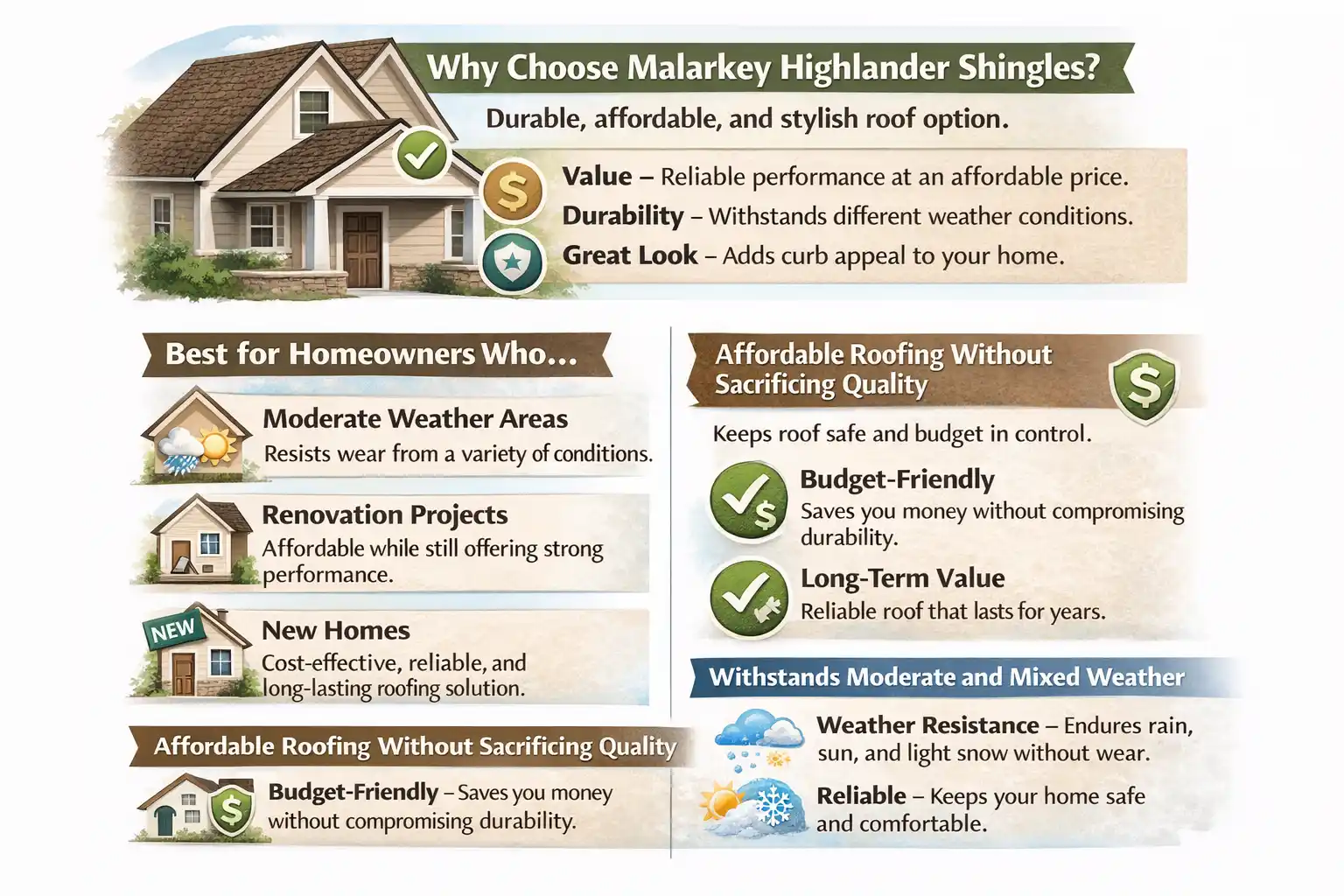 IMAGE GENERATION PROMPT Prompt: Create a stylized yet informative infographic to help homeowners decide if Malarkey Highlander Shingles are the right choice for their home. The image should clearly emphasize the value, durability, and suitability of Highlander shingles for moderate and mixed weather conditions, new homes, and renovation projects. SECTION 1 – Key Benefits of Highlander Shingles Header: “Why Choose Malarkey Highlander Shingles?” Visual: A roof icon with a checkmark for each benefit. Text: “Durable, affordable, and stylish roof option.” Text: “Value – Reliable performance at an affordable price.” “Durability – Withstands different weather conditions.” “Great Look – Adds curb appeal to your home.” SECTION 2 – Who Should Use Highlander Shingles Header: “Best for Homeowners Who…” Visual: Home icons with short text and symbols. Text: “Homeowners looking for durability, value, and style.” Text: “Moderate Weather Areas – Resists wear from a variety of conditions.” “Renovation Projects – Affordable while still offering strong performance.” “New Homes – Cost-effective, reliable, and long-lasting roofing solution.” SECTION 3 – How Highlander Shingles Save You Money Header: “Affordable Roofing Without Sacrificing Quality” Visual: A dollar sign symbol with a roof icon. Text: “Keeps roof safe and budget in control.” Text: “Budget-Friendly – Saves you money without compromising durability.” “Long-Term Value – Reliable roof that lasts for years.” SECTION 4 – Weather-Resistant and Long-Lasting Header: “Withstands Moderate and Mixed Weather” Visual: Weather icons (rain, sun, snow) with a roof symbol. Text: “Ideal for homes in varied climates.” Text: “Weather Resistance – Endures rain, sun, and light snow without wear.” “Reliable – Keeps your home safe and comfortable.” Design Rules: Use Malarkey Highlander Shingles brand colors to match the roofing material (Earth tones with soft accent colors). Icons for weather, value, and home-related symbols to visually support text. Simple, clear font with a clean layout. Style: Educational, product feature infographic Aspect Ratio: 16:9 Purpose: Help homeowners decide if Malarkey Highlander Shingles are the right fit for their home based on needs, budget, and weather conditions.