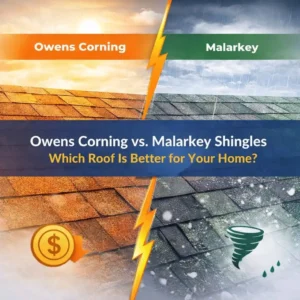 A visual comparison of Owens Corning and Malarkey shingles, highlighting their performance in different weather conditions. Owens Corning is shown under sunny skies, ideal for warm climates, while Malarkey shingles are shown in stormy weather, offering better resistance to hail and extreme conditions.