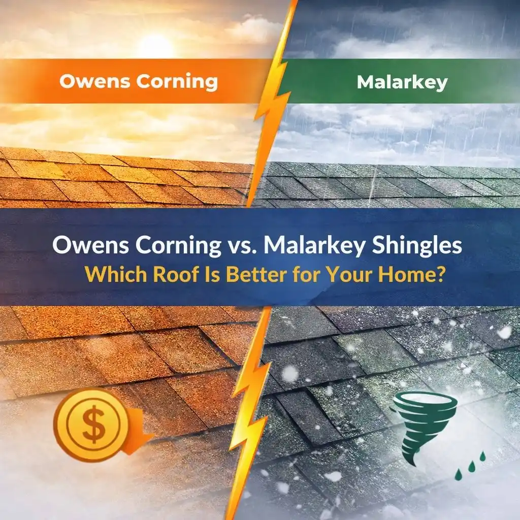 A visual comparison of Owens Corning and Malarkey shingles, highlighting their performance in different weather conditions. Owens Corning is shown under sunny skies, ideal for warm climates, while Malarkey shingles are shown in stormy weather, offering better resistance to hail and extreme conditions.