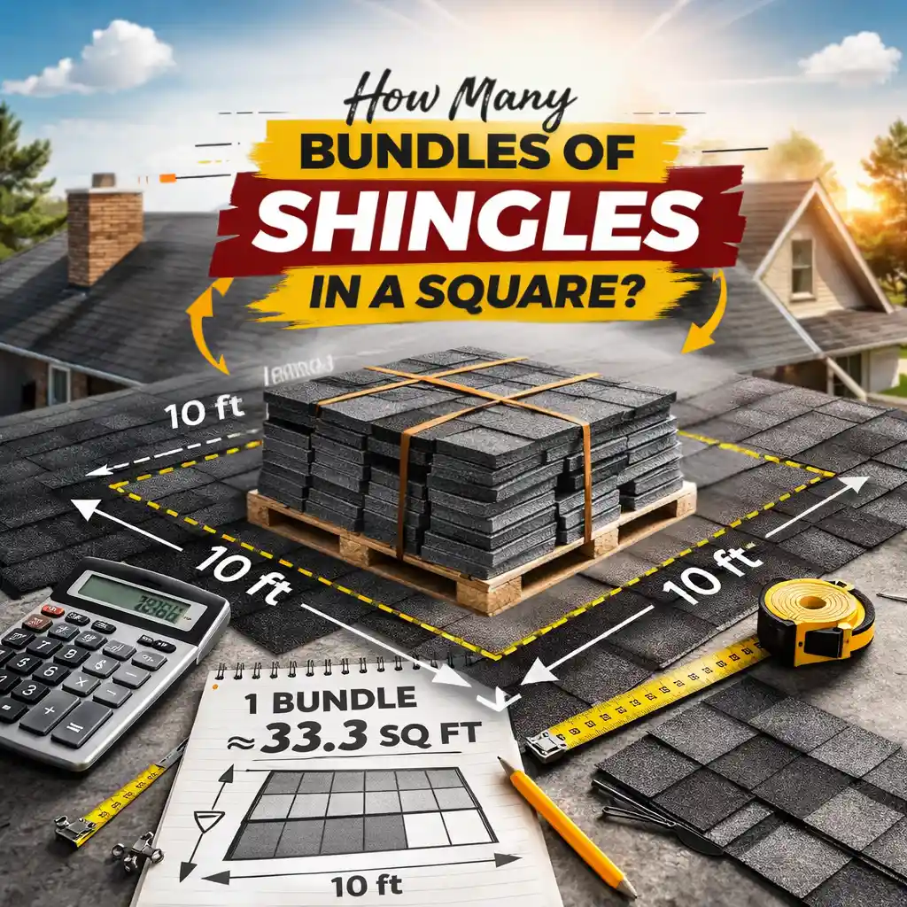 Infographic explaining how many bundles of shingles are needed for a roofing square, featuring roof layout, measuring tools, and bundle of shingles stacked on a 10x10 ft roof with calculation details.