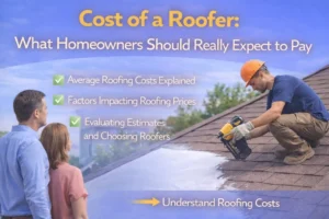 Gemini said Infographic titled "Cost of a Roofer: What Homeowners Should Really Expect to Pay" showing a roofer working while a couple watches. Highlights average costs, pricing factors, and how to evaluate estimates.