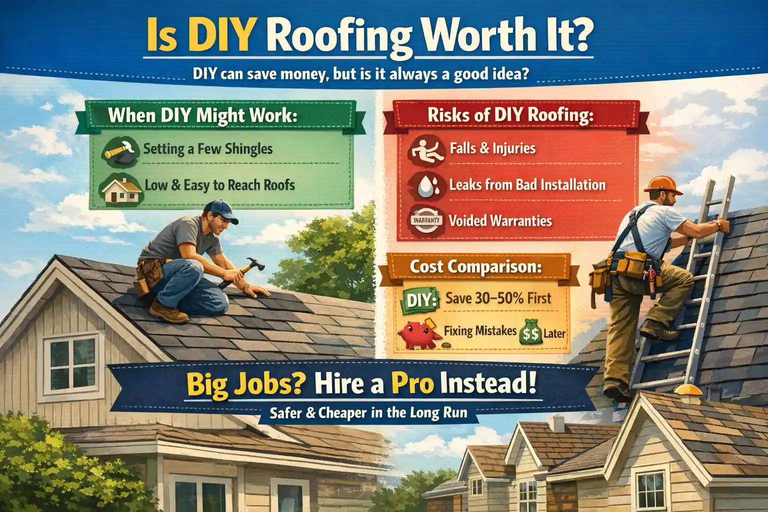 Infographic titled "Is DIY Roofing Worth It?" comparing DIY pros (saving 30–50% on small fixes) against risks like injuries and voided warranties. It advises hiring a pro for big jobs.